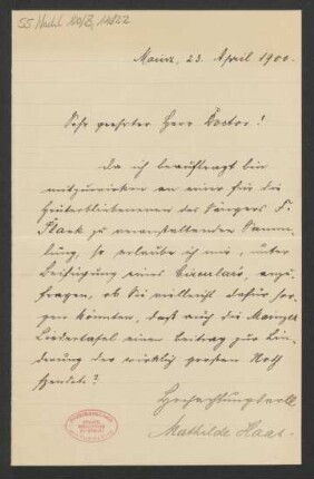 Brief an Ludwig Strecker <senior>, Mainzer Liedertafel und Damengesangverein : 23.04.1900