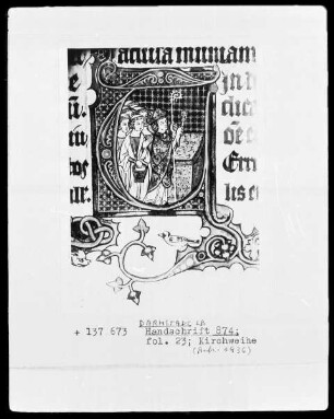 Festmissale — Festmissale, Folio 1-116 — ---, Folio 1-116Initiale T (erribilis est) mit Kirchweihe, Folio 23recto