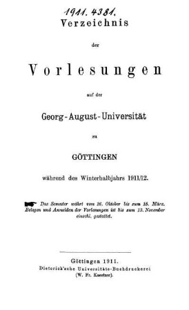 WS 1911/12: Verzeichnis der Vorlesungen