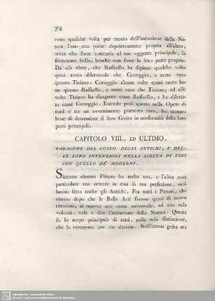 Capitolo VIII., Ed Ultimo. Paragone Del Gusto Degli Antichi, E Delle Loro Intenzioni Nella Scelta Di Esso Con Quello De' Moderni.