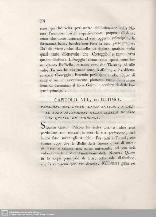 Capitolo VIII., Ed Ultimo. Paragone Del Gusto Degli Antichi, E Delle Loro Intenzioni Nella Scelta Di Esso Con Quello De' Moderni.