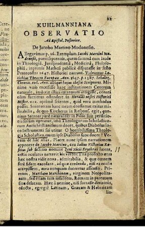 Kuhlmanniana Observatio Ad Epistol. Posterior. De Jacobo Martino Modonesio.