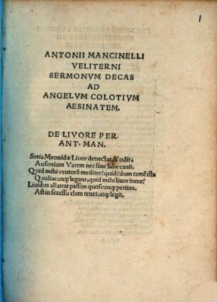 Antonii Mancinelli Veliterni Sermonvm Decas Ad Angelvm Colotivm Aesinatem