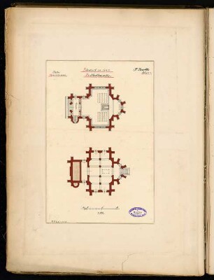 Begräbniskapelle Monatskonkurrenz März 1895: Grundriss Keller; Erdgeschoss 1:150; Maßstabsleiste