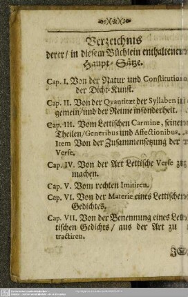 Verzeichnis derer, in diesem Büchlein enthaltenen Haupt-Sätze