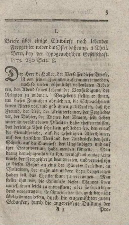 Briefe über einige Einwürfe noch lebender Freygeister wider die Offenbarung. T.1.