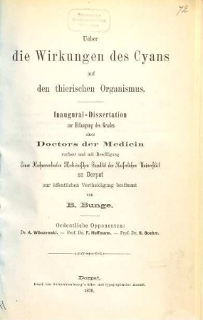 Ueber die Wirkungen des Cyans auf den thierischen Organismus : Dorpat. Inaug. Diss.