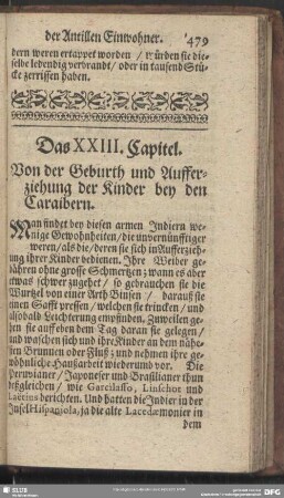 Das XXIII. Capitel. Von der Geburth und Aufferziehung der Kinder bey den Caraibern