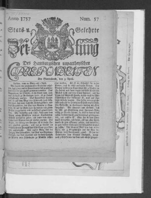 Num. 57 Stasts- u. Gelehrte Zeitung des hamburgischen unpartheyischen Correspondenten