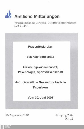Frauenförderplan des Fachbereichs 2, Erziehungswissenschaft, Psychologie, Sportwissenschaft, der Universität-Gesamthochschule Paderborn : vom 20. Juni 2001