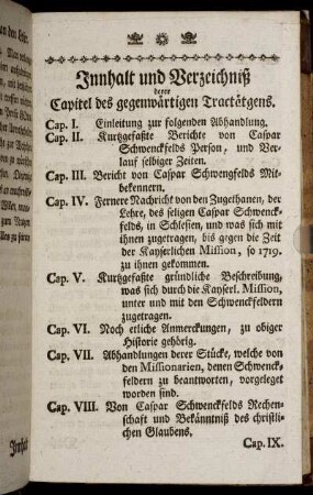 Innhalt und Verzeichniß derer Capitel des gegenwärtigen Tractätgens.