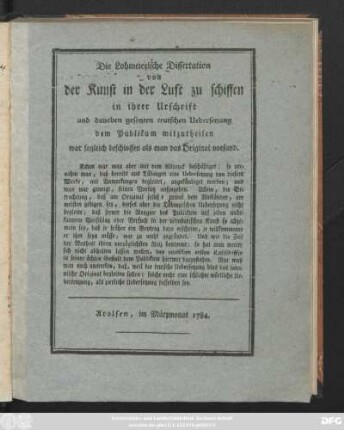 Die Lohmeierische Dissertation von der Kunst in der Luft zu schiffen : in ihrer Urschrift und daneben gesetzten teutschen Uebersetzung dem Publikum mitzutheilen war sogleich beschlossen als man das Original vorfand