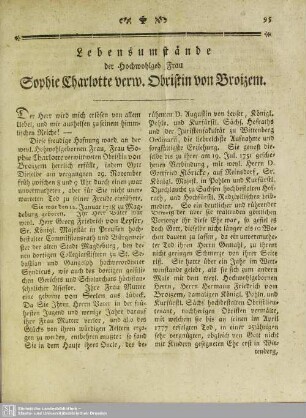 Lebensumstände der hochwohlgeb. Frau Sophie Charlotte verw. Obristin von Broizem