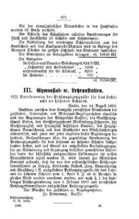 Anerkennung der Prüfungszeugnisse für das Lehramt an höheren Schulen : [III. Gymnasial- etc. Lehranstalten]