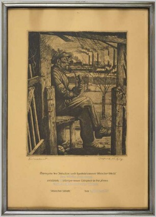 Lithografie "Feierabend", Geschenkblatt zum 25-jährigen Dienstjubiläum