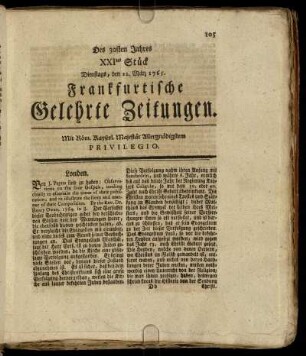 XXItes Stück Dienstags, den 12. März 1765. - XXXtes Stück Freytags, den 12. April 1765.