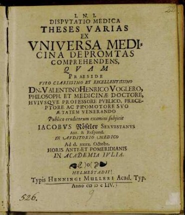 Disputatio Medica Theses Varias Ex Universa Medicina Depromtas Comprehendens