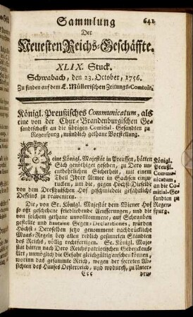XLIX. Stuck. Schwabach, den 23. October, 1756.