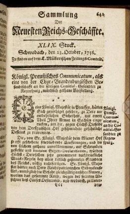 XLIX. Stuck. Schwabach, den 23. October, 1756.