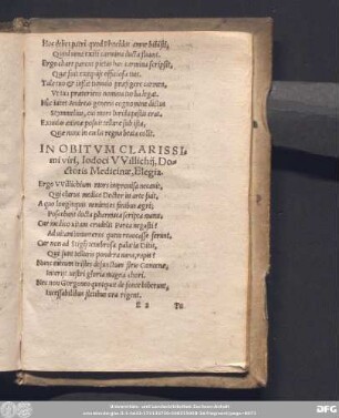 In Obitum Clarissimi viri, Iodoci Wilichii, Doctoris Medicinae, Elegia.