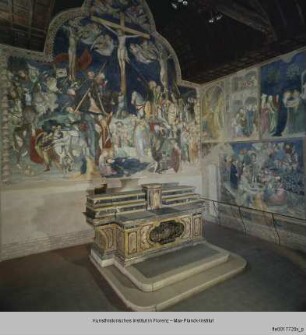 Szenen aus dem Leben Johannes des Täufers, Kreuzigung und Madonna mit verschiedenen Heiligen : Kreuzigung