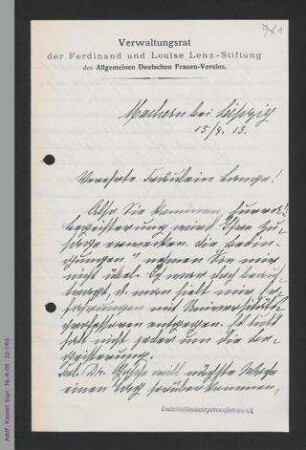 Brief von Pauline Voigtländer an Helene Lange