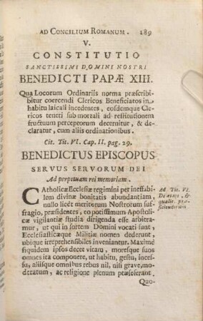 V. Constitutio Sanctissimi Domini Nostri Benedicti Papae XIII.