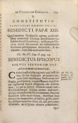 V. Constitutio Sanctissimi Domini Nostri Benedicti Papae XIII.