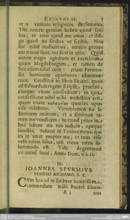 IV. Ioannes Sturmius Rogero Aschamo. S. P.