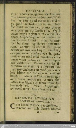 IV. Ioannes Sturmius Rogero Aschamo. S. P.