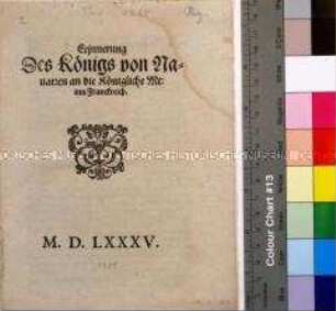 Bittschrift von Heinrich III. von Navarra an Heinrich III. König von Frankreich betreffend den gegenwärtigen Religionskrieg und die Revolte der Katholischen Liga in Frankreich (dt. Übersetzung)
