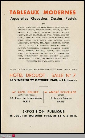 Tableaux modernes : aquarelles, gouaches, dessins, pastels : par: Adrion, Angrand, Bonnard, Boyer, Cals, Camoin [und weitere] : dont la vente aux enchères publiques aura lieu à Paris, Hôtel Drouot, Salle No 7, le vendredi 22 octobre 1943
