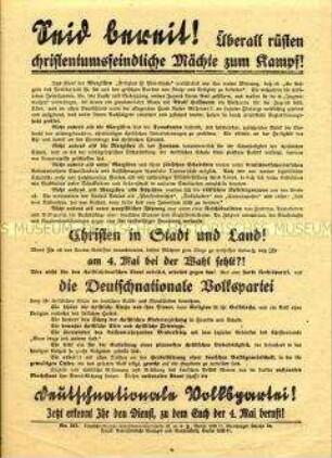 Wahlpropaganda der DNVP mit Ausrichtung auf die christliche Bevölkerung