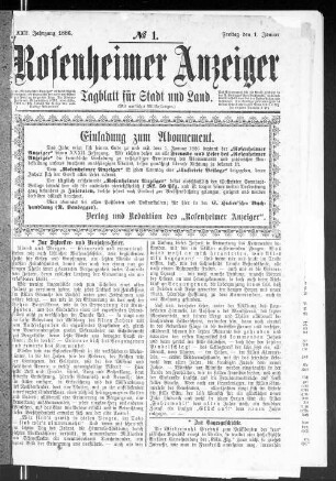 Rosenheimer Anzeiger : Tagblatt für Stadt und Land ; (mit amtlichen Mitteilungen). 1886 = Jg. 32