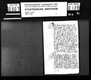 Friedrich Schoder, Domherr zu Würzburg und Landrichter des Herzogtums Franken, vidimiert für das Kloster Bronnbach (Brunbach) eine Urkunde des Pfalzgrafen Heinrich vom Jahre 1206 (vgl. StAWt-R US 1206).