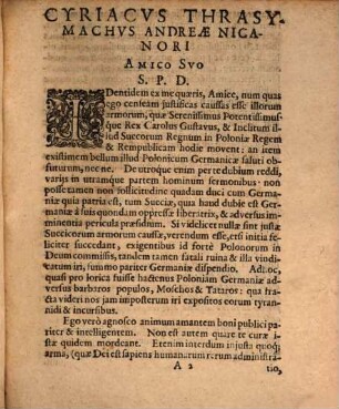 Cyriaci Thrasymachi de iustitia armorum Suecicorum in Polonos perque ea liberata a magno periculo Germania ad Andream Nicanorem epistola