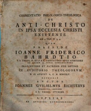 Commentatio philologico-theologica de anti-christo in ipsa ecclesia Christi existente