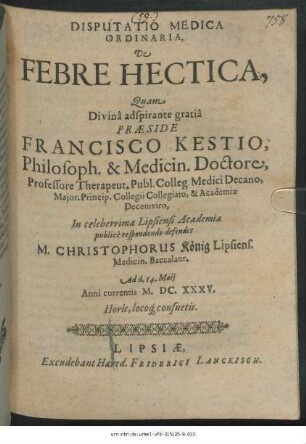 Disputatio Medica Ordinaria, De Febre Hectica