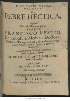 Disputatio Medica Ordinaria, De Febre Hectica