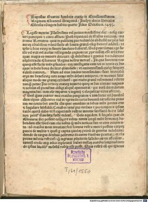 Oratio funebris in reginam Eleonoram Aragoniam : 1493. 10.12. Mit Gedicht des Autors 'Quid quasi defunctam' ...