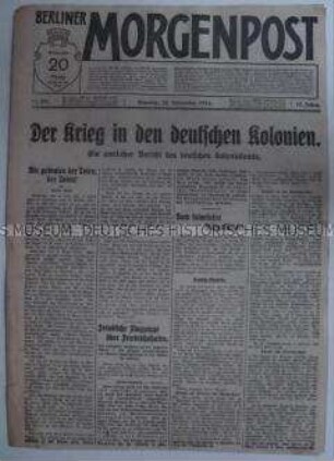 Tageszeitung "Berliner Morgenpost" zum Krieg in den Kolonialgebieten