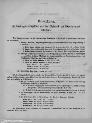 Übersicht : Bemerkung, die Landtagsdruckschriften und den Gebrauch des Repertoriums betreffend