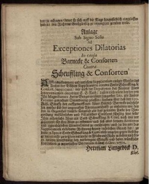 Anlage Sub Signo Solis Ad Exceptiones Dilatorias In causa Barnecke & Consorten Contra Scheuffling & Consorten