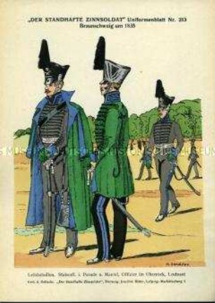 Uniformdarstellung, Stabsoffizier, Offizier und Leutnant des Leibbataillons, Herzogtum Braunschweig, um 1835.