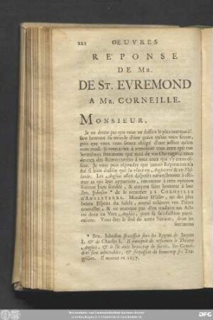 Réponse De Mr. De St. Evremond A Mr. Corneille.
