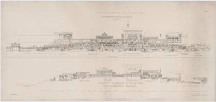 Thiersch, August ; Alexandria (Ägypten); Serapeum von Alexandria, Rekonstruktion des Sarapistempels - Ostseite (Ansicht); Erste Ptolomäische Neuanlage, Tempelhof von Süden nach Norden (Längsschnitt)