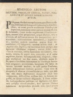 Benevolo Lectori Salutem, Preces, Et Officia, Vovet, Pollicetur Et Offert Dissertationis Autor