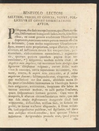 Benevolo Lectori Salutem, Preces, Et Officia, Vovet, Pollicetur Et Offert Dissertationis Autor