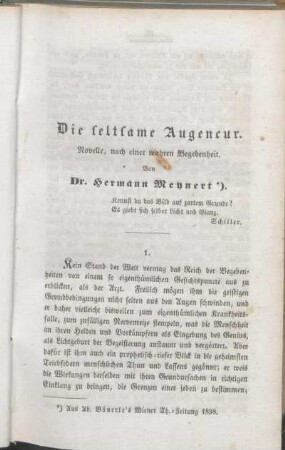 Die seltsame Augencur. Novelle, nach einer wahren Begebenheit. Von Dr. Hermann Meynert