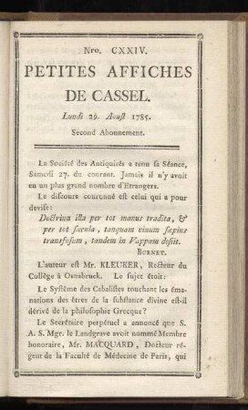 No CXXIV (Lundi 29. Aoust 1785)